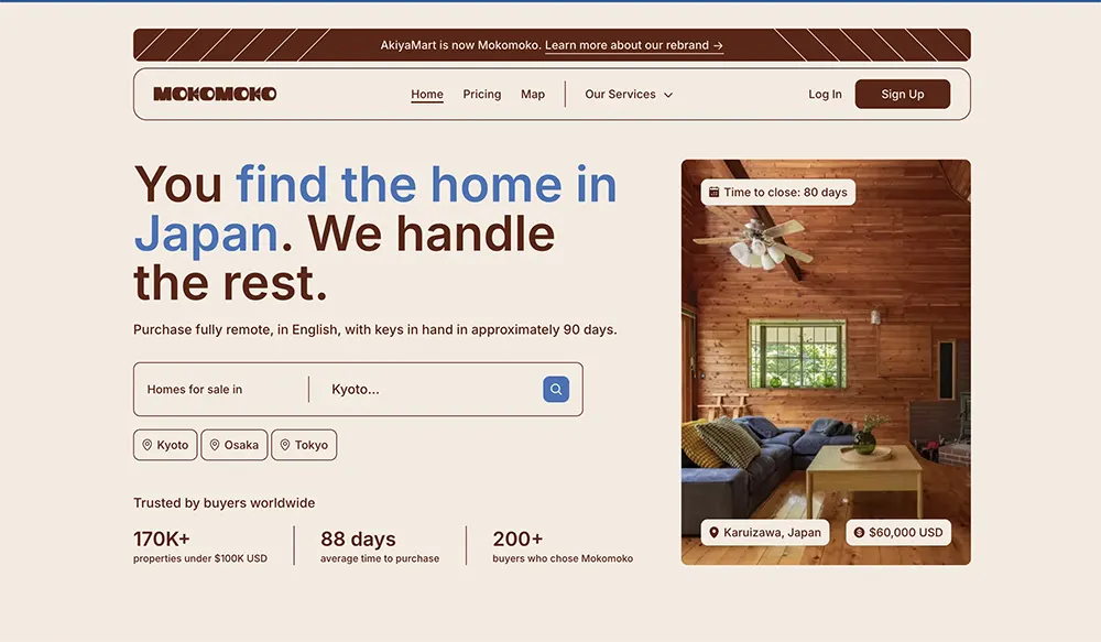 Mokomoko Akiya real estate homepage, a website for foreign and English customers looking to buy a home in Japan